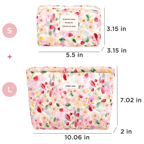 Sminra 2 Pcs Floral Makeup Bag Large Travel Cotton Quilted Cosmetic Makeup Bag Organizer, Cute Coquette Aesthetic Zipper Portable Pouch Purse Storage Toiletry Bag for Women Girls accessories