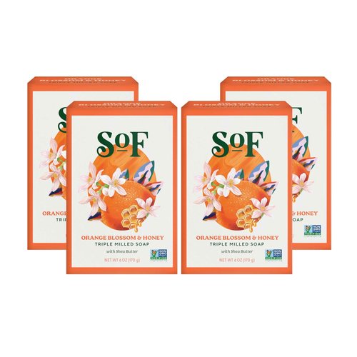 SoF Triple Milled Bar Soap - With Coconut Oil & Organic Shea Butter- Vegan & Non GMO- Free From Phthalates, Sulfates & Parabens- Orange Blossom & Honey - 6 oz Bar 4 Bars