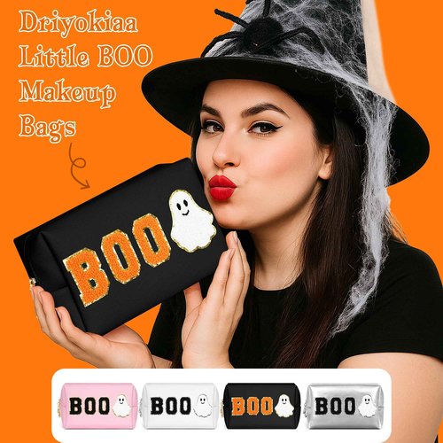 Dripkiaa Halloween Makeup Bag Chenille Patch Travel Cosmetic Bag Organizer Large Capacity Toiletry Bag Make Up Bags Cosmetic Pouch, Boo Basket Gifts for Women, Girls - Black
