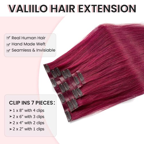 Hair Extensions Burgundy Clip in Hair Extension Real Human Hair Clip on Hair Extensions for Women 16 Inch 100G 7 Pcs