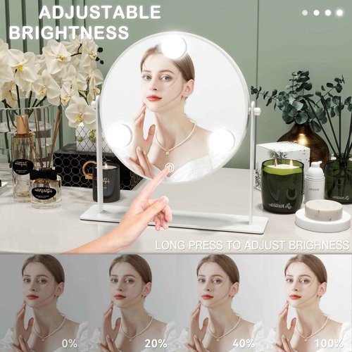 ROLOVE 10"x10" Lighted Makeup Mirror, Hollywood Vanity Mirror with 3 Dimmable LED Bulbs, Dimmable Touch Screen, Light up Mirror, Portable Travel Mirror, 360° Rotation, White