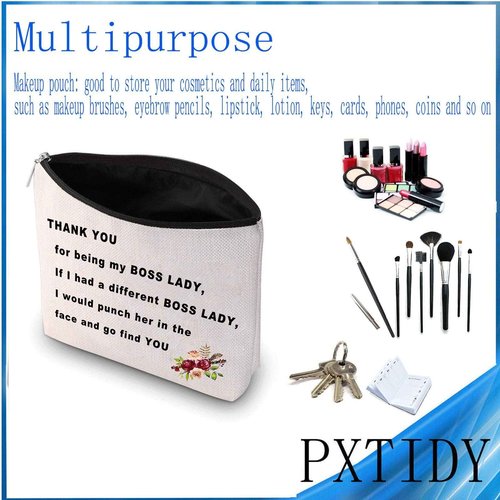 PXTIDY Funny Boss Lady Gifts Thank You For Being My Boss Lady Makeup Cosmetic Bag Female Boss Gift Boss Makeup Bag Gift for Managers from Employee, Coworker (beige)