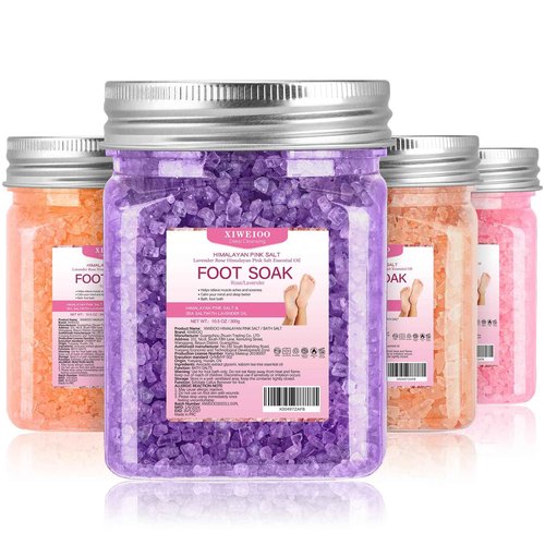 XIWEIOO 4 Pack Foot Soak Salts Kit Himalayan Pink Salt Tea Tree Oil Lavender rose Pure Epsom Salt Soak Pedicure Salt Softens Calluses & Soothes Foot Care Gifts for Mom women