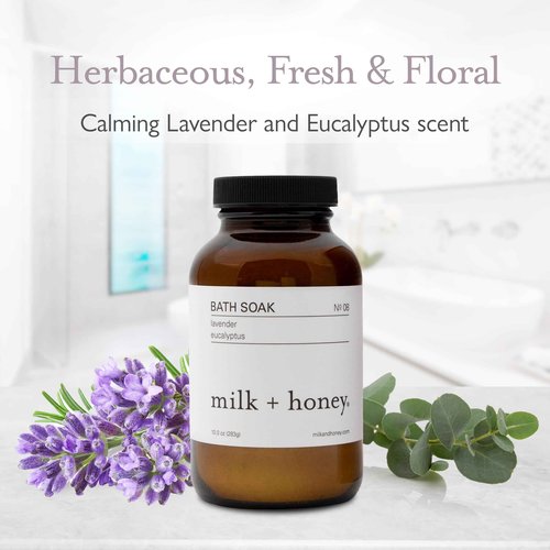 milk + honey No. 8 Calming Bath Soak – Moisturizing Epsom Salt with Lavender & Eucalyptus – Relaxing Aromatherapy Soak for Sore Muscles, Dry Skin & Stress Relief – 10 oz