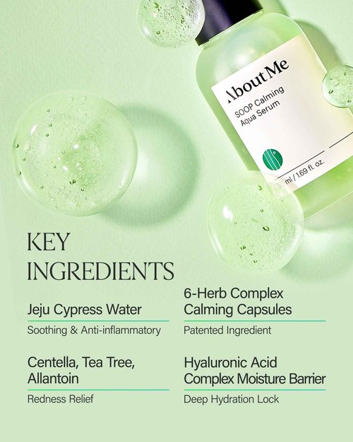 ABOUT ME SOOP Calming Aqua Serum – Korean 53.4% Jeju Cypress Water Bursting Capsules Serum for Sensitive Skin – Daily Barrier Repair with Centella & Tea Tree – Korean Skin Care – 1.69oz, 50ml