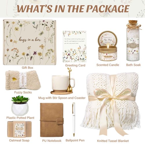 Birthday Gifts for Women, Get Well Soon Self Care Package Box, Sending Hug Baskets Thinking of You Inspirational Gift for New Mom Best Friend Birthday (Ivory)