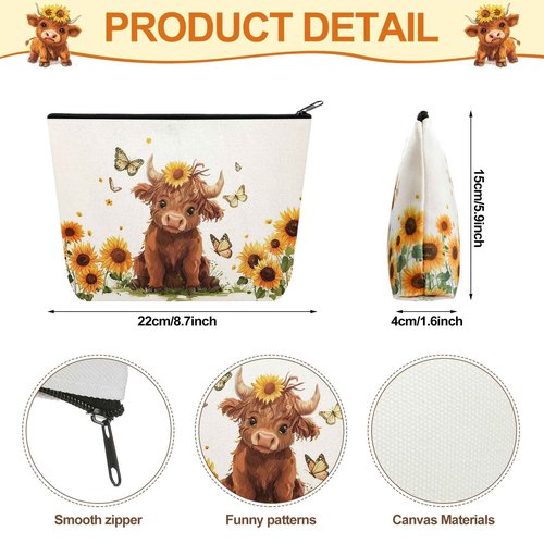 Bulyoou 8 Pcs Highland Cow Makeup Bag Bulk Western Cowgirls Gifts for Women Sunflower Daisy Floral Cow Print Makeup Bag Spring Highland Cow Lover Gifts for Mothers Day, Birthday