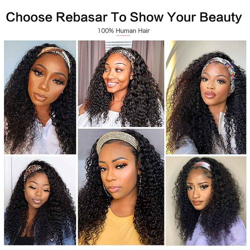 Rebasar Headband Wigs Human Hair 10 Inch Glueless Short Curly Headband Wigs for Black Women Human Hair None Lace Front Wear and Go Wigs Natural Black