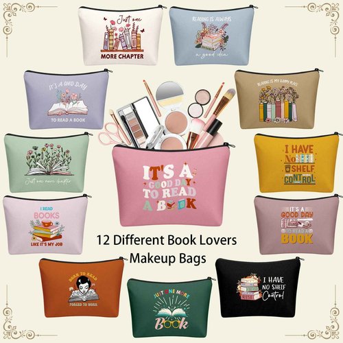 Sunnymove 12 Pcs Book Lover Makeup Bags Book Club Gifts for Women Novelty Bookish Cosmetic Bag with Zipper Pouch for Teen Adult Bookish Librarian Reader Gifts (Boho Style)