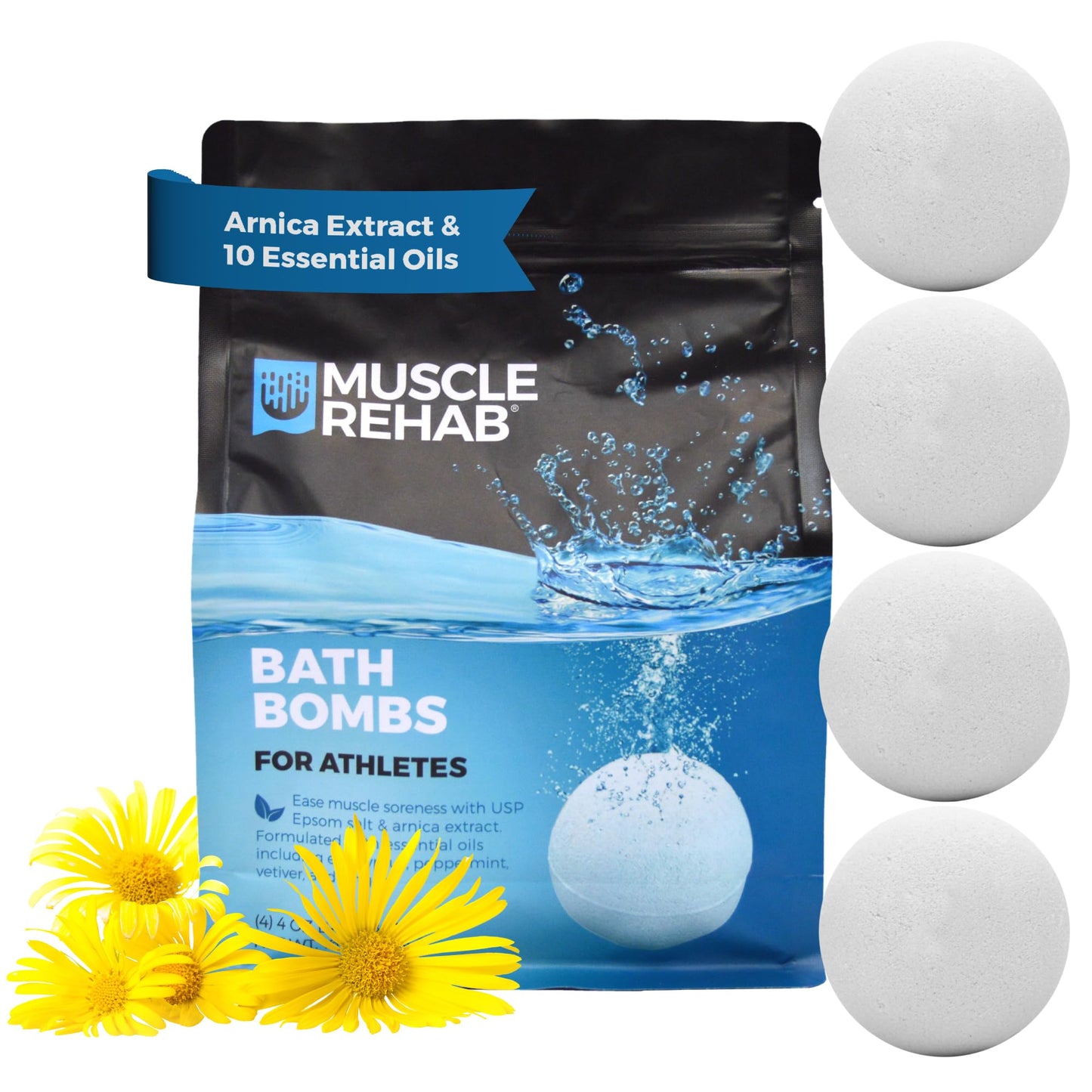 Muscle Rehab Magnesium Epsom Salt Arnica Bath Bombs - Fast-Absorbing Muscle Soak for Post-Workout - Bath Bombs for Sore Muscles and Pain- Hand and Foot Soak Bombs - Athletic Recovery Bath - 4 Bombs