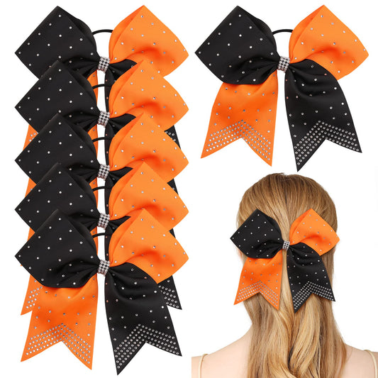 6PCS 8" Large Cheer Hair Bows Ponytail Holder, Rhinestones Cheerleader Bows with Elastic Band Hair Tie Handmade for Cheerleading Teen Girls College Sports (Black/Orange)