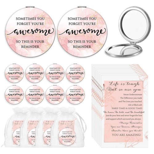 Geetery 12 Sets Christmas Inspirational Compact Mirror Gifts for Women Bulk Reminder Sisterhood Double Sided Folding Thank You Gifts for Employee Coworker Volunteer Team Worker Staff (Pink Marble)
