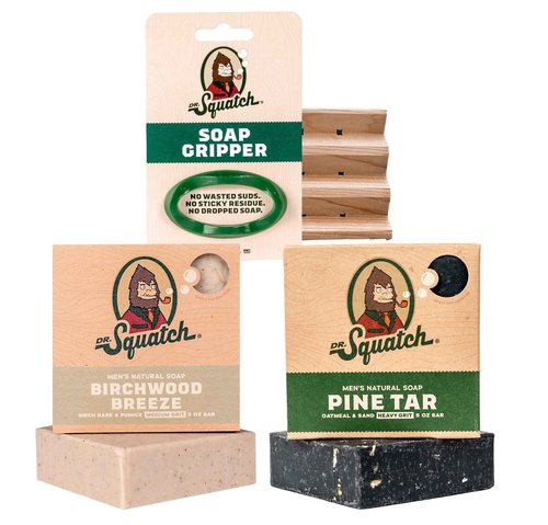 Dr. Squatch Basic Squatch Forest Pack - Pine Tar and Birchwood Breeze - Handmade Bar Soap With Organic Oils, Soap Gripper and Saver