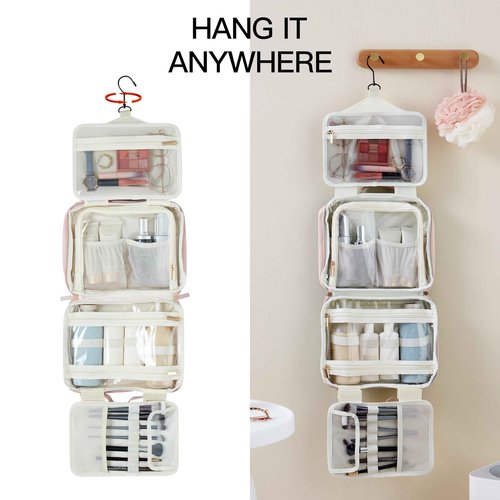 belaven Toiletry Bag, Travel Bag for Women & Men, Portable Cosmetic Bag with Hanging Hook, Durable, Waterproof for Shampoo, Makeup, Essentials, Toiletries Acessories (Beige)