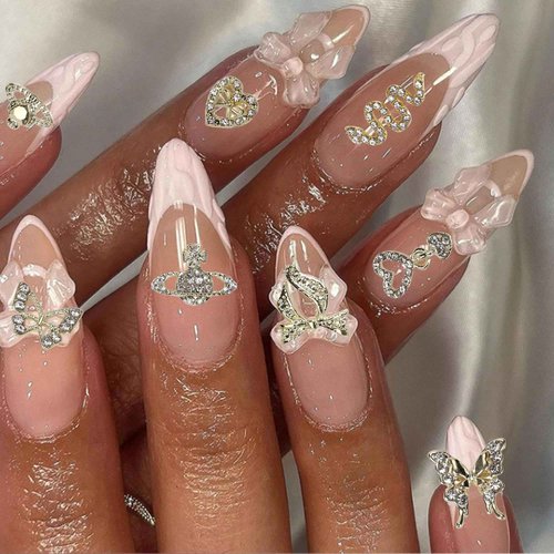 COOSLIM 30 Pcs 3D Y2K Nail Charms, Gold Cross Butterfly Star Cherry Heart Snake Nail Gems Charms, Bows Planet Nail Art Charms Rhinestones for Nail Art Design DIY Accessories B