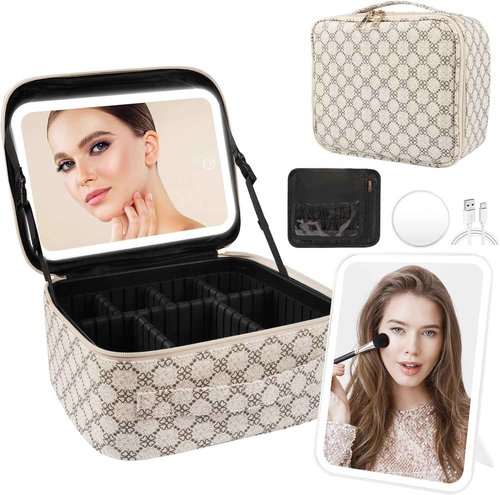 PEEH Makeup Bag with Lighted Mirror, Travel Make up Train Case with Adjustable Brightness Vanity Mirror and Detachable 10x Magnifying Mirror (Beige Clover)