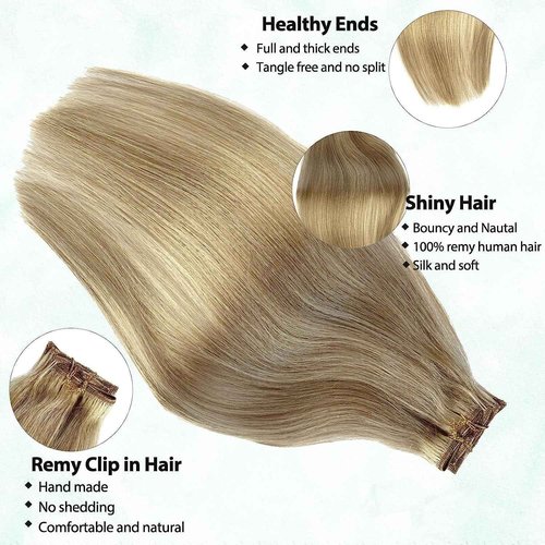 Remy Clip in Hair Extensions Human Hair Blonde Highlights Clip ins Real Human Hair Extensions Balayage Hair Extensions Soft & Natural Human Hair Clip in Extensions for Women 16 Inch 7pcs 70g