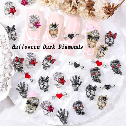 5D Embossed Metal Halloween Nail Charms with Rhinestone Design Skull Nail Charms 20Pcs Gold Silver Black Alloy Skeleton Charms Gems Luxury Sparkly Skull Nail Jewelry for Acrylic Nails Women Manicure