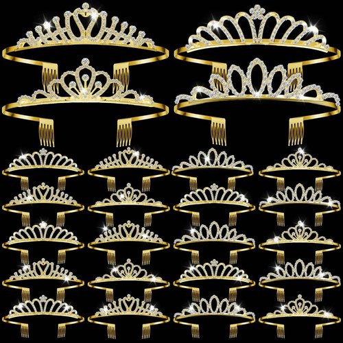 Yuefunny 24 Pcs Crystal Tiara Headbands for Women Princess Headband Crown with Combs Tiaras and Crowns for Pageant Bridal Wedding Prom Party Gifts(Stylish,Gold)