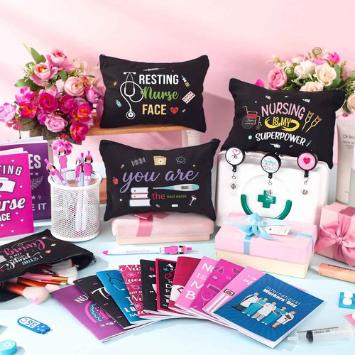 Yeaqee 48 Pcs Nurse Christmas Appreciation Gifts Set Bulk Include Makeup Cosmetic Bag Pocket Journal Notebooks Ballpoint Pen Badge Reel for Christmas Women Rn Assistant Student(Black,Nursing)