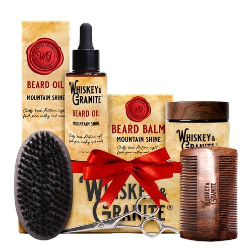 Whiskey & Granite Beard Kit for Men – 100% Natural Ingredients (Mountain Shine). Includes beard oil and balm, comb, brush, and scissors.