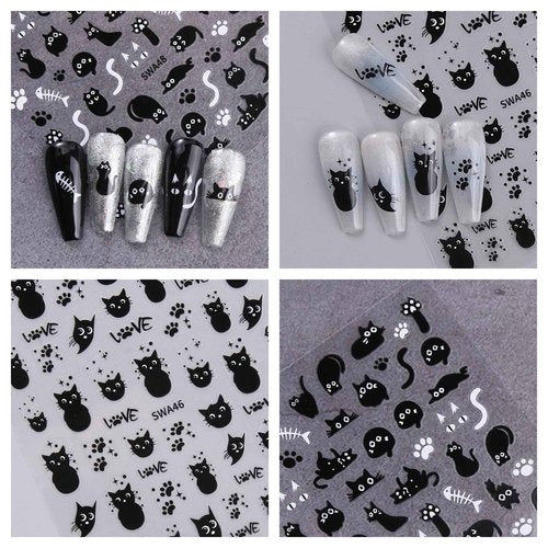 6 Sheets Black Cat Nail Art Stickers Cute Animal Nail Stickers for Nail Art 3D Self-Adhesive Nail Decals Cute Funny Black Cat Sticker Design Holiday Nail Supplies for Women