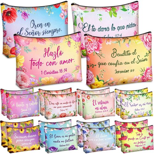 Kacctyen 24 Pcs Spanish Christian Cosmetic Bags Bulk Mother's Day Church Gifts Spanish Christian Gifts for Women Bible Verse Pencil Pouch Makeup Bag Regalos Religiosos Para Mujer (Classic Style)