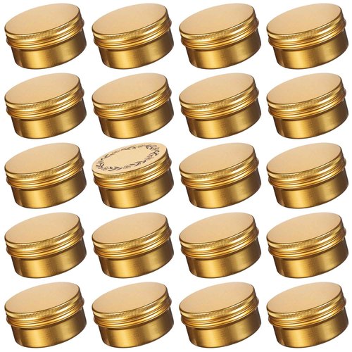 24 Pack 3oz Screw Top Aluminum Tin Jars with Screw Lids and Blank Labels - Refillable 90ml Metal Containers for Lip Balms, Candles, Salves, Spices, Crafts (Gold)