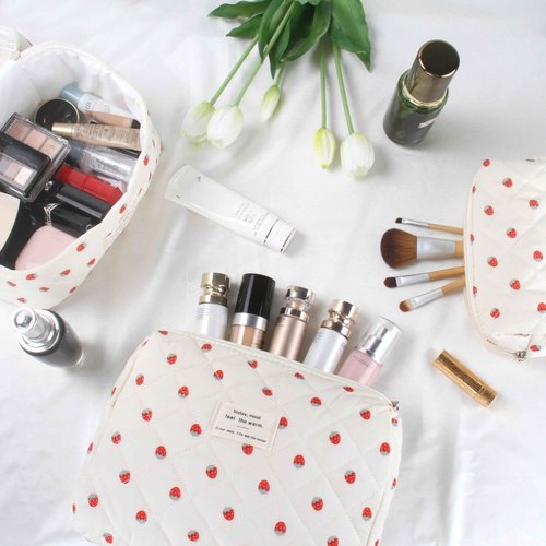 BuyCard Quilted Makeup Bag Set, 3Pcs Cotton Floral Cosmetic Bags, Cute Aesthetic Coquette Makeup Bag Travel Cosmetic Organizer with Toiletry Pouch & Brush Holder for Women, Strawberry Beige