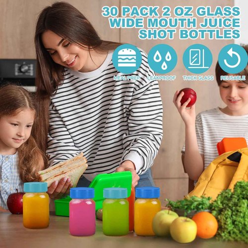 Ziliny 30 Pack 2 oz Glass Bottles with Lids Wide Mouth Juice Shot Bottles Clear Mini Round Jars Travel with Lids Small Containers for Liquids Juicing Ginger Leak Proof(Dark Blue, Light Blue)