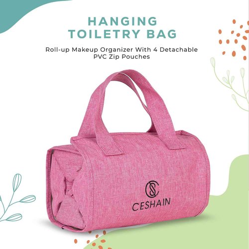 4-in-1 Hanging Toiletry bag - Roll-Up Makeup Bag - 4 Detachable PVC Zip Pouches – 600D Oxford Fabric, Versatile Travel Toiletry Organizer Bag - Makeup, Cosmetics, First Aid, Medicine Personal Care,