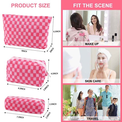 EIMMBD Makeup Bag 3 Pieces Large Capacity Checkered Cosmetic Bags Canvas Travel Toiletry Bag Organizer Cute Makeup Pouch Storage for Women(Rose)