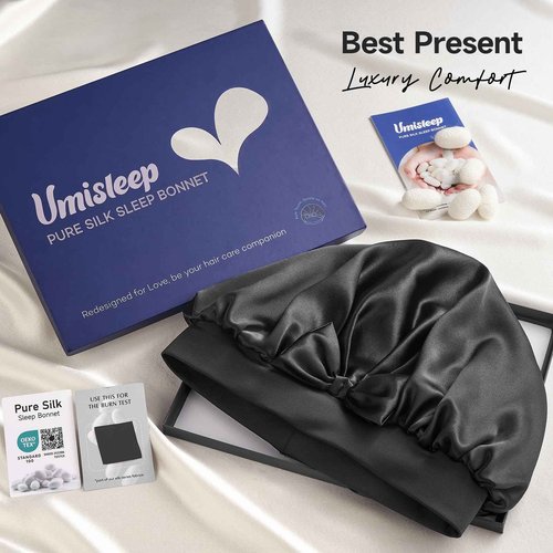 Umisleep Double-Sided 100% 22 Momme Mulberry Silk Bonnet for Sleeping Women, Large Silk Hair Wrap for Long Curly Hair, Non-Slip Sleep Cap with Adjustable Band, Ebony