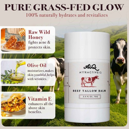 New Zealand Grass Fed Ethically-Sourced Beef Tallow for Skin– Stick with Vitamin E, Raw Honey, Olive Oil – Premium Ingredients & Cruelty-Free Tallow Face Moisturizer, Longevity & Firming - 75g