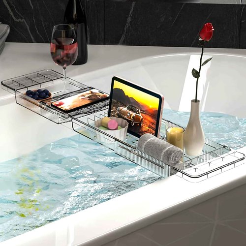Baosia Expandable Bathtub Tray,Clear Plastic Anti-Slip Bath Tub Shelf Caddy Tray,Luxury Bathtub & Bathroom Accessories for Relaxing Spa,Suitable for bathtubs with an Internal Width of up to 29.5 inch
