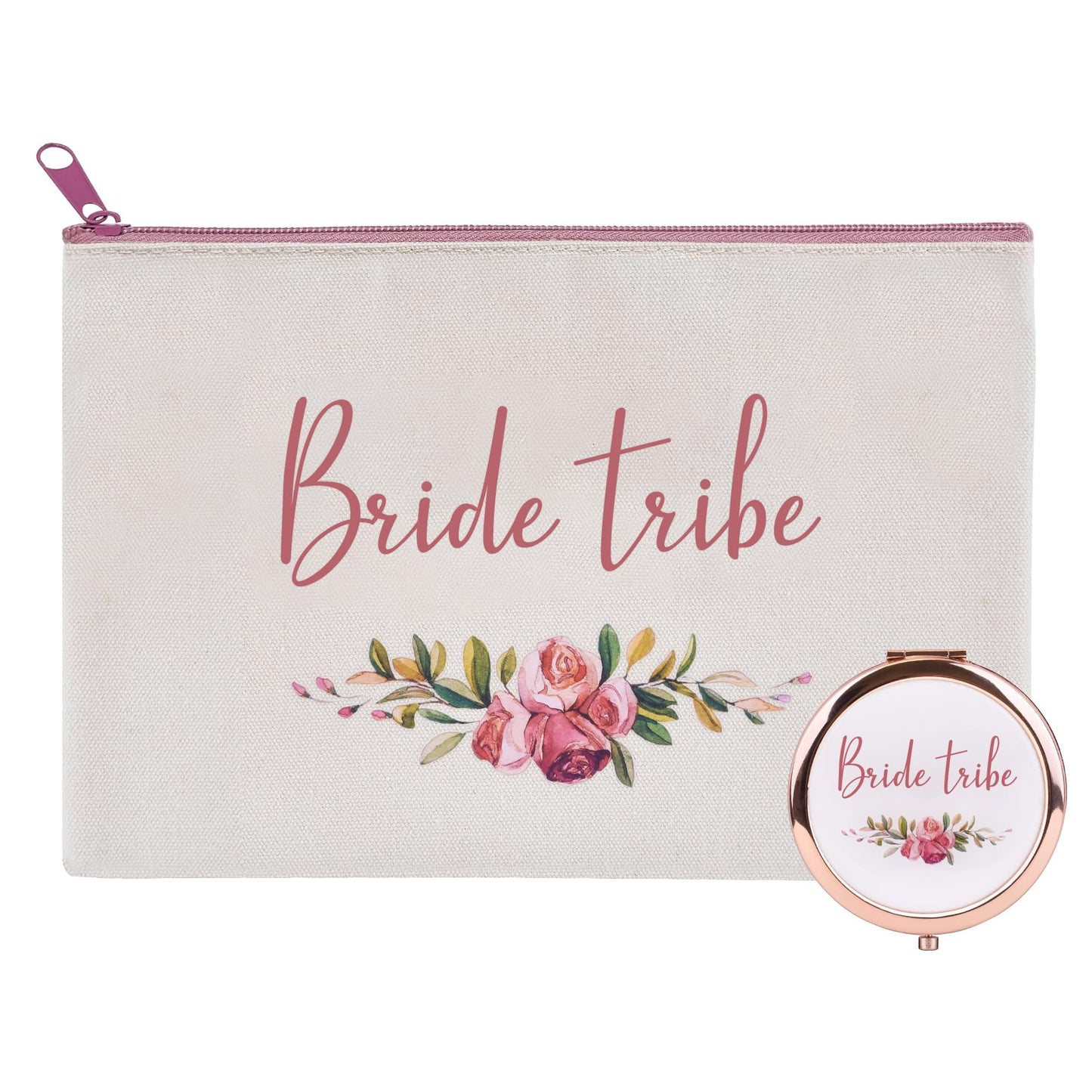 CARAKNOTS 2 Pcs Bride Tribe Gifts Bride Tribe Makeup Bag Wedding Bachelorette Party Gifts for Bride Tribe Bridal Shower Gifts for Team Bride Cotton Cosmetic Toiletry Bag with Compact Mirror