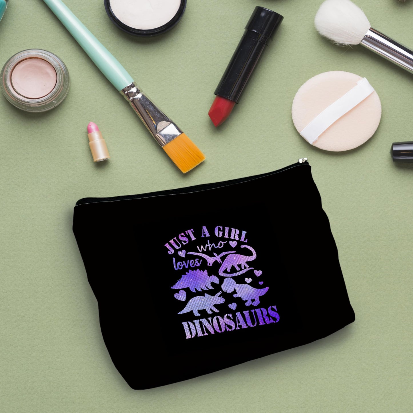 NATSUNO Dinosaur Black Makeup Bag,Just A Girl Who Loves Dinosaurs Make Up Bag,Cute Dinosaur Gifts For Girls,Makeup Bag For Girls,Dinasour For Girls,Dinosaur Lovers Gift