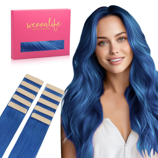 WENNALIFE Tape in Hair Extensions Human Hair Blue Tape in Extensions, 10pcs 20g 12 inch Remy Invisible Tape Ins Straight Colored Soft Real Human Hair Tape in Extensions Refill Set Extensions