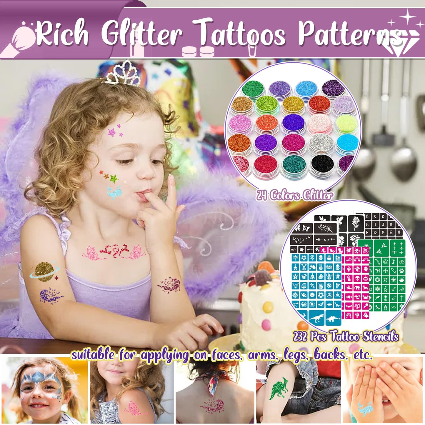 TEUVO Kids Glitter Tattoo Kit with 24 Colors, 232 Stencils, 3 Face Jewel Stickers, 5 Brushes, 3 Glue, 100+ Colorful & 100+ Glow-in-the-dark Temporary Tattoos Stickers for Halloween Birthday Festival