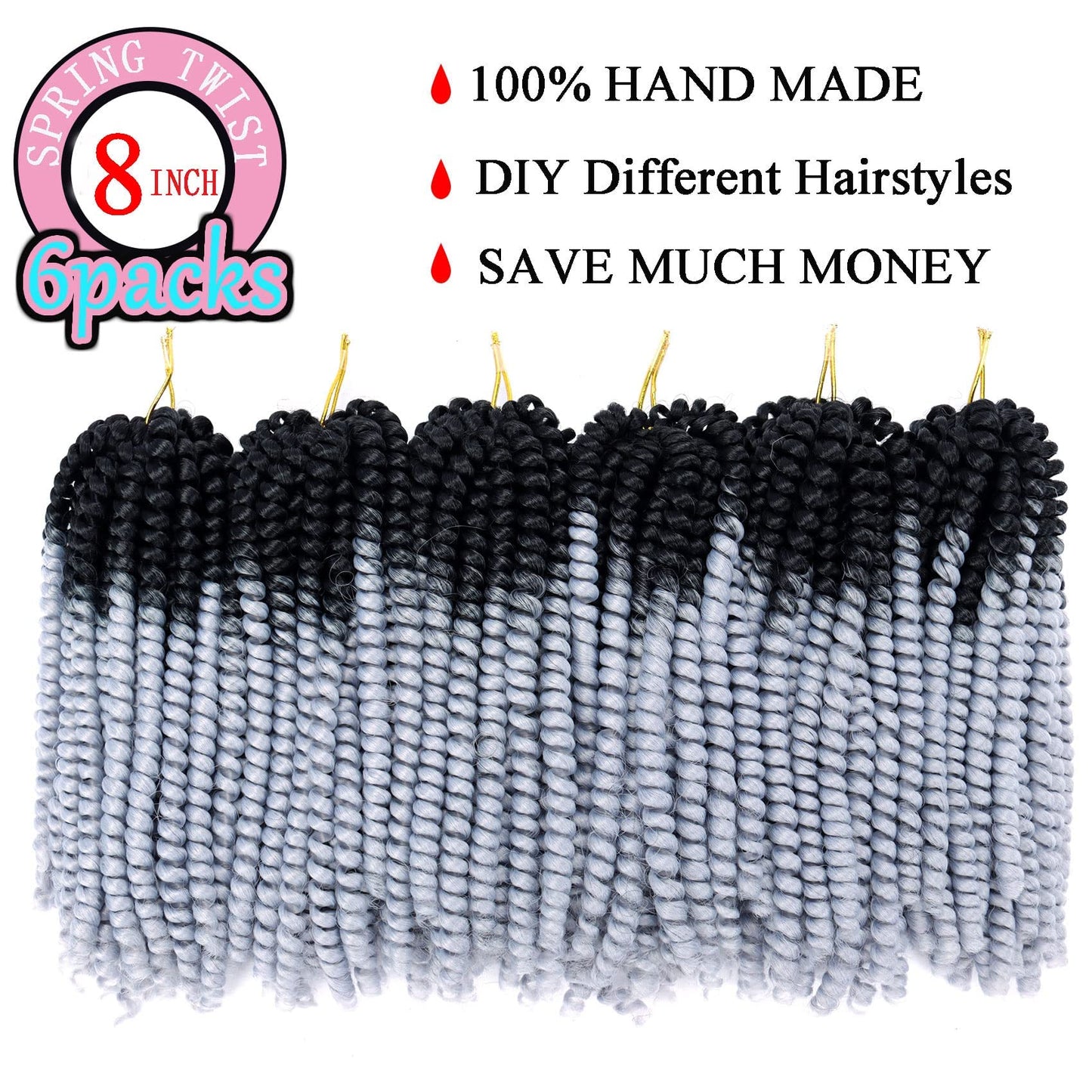 6 Packs Spring Twist Hair Gray 8 Inch Spring Twist Crochet Hair Fluffy Spring Twist Synthetic Fiber Bomb Twist Crochet Braids Low Temperature Twist Crochet Hair for Black Women(OTGray)