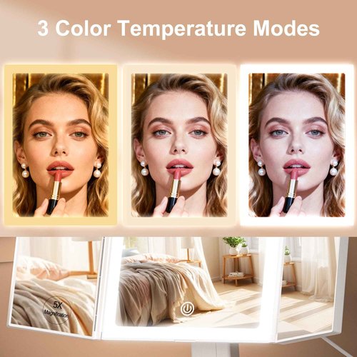 S'bagno LED Makeup Mirror with Lights, 1X/2X/5X Magnification, 3 Color Dimmable LED Modes, 270° Rotation, Trifold Vanity Mirror for Travel, Skincare & Grooming