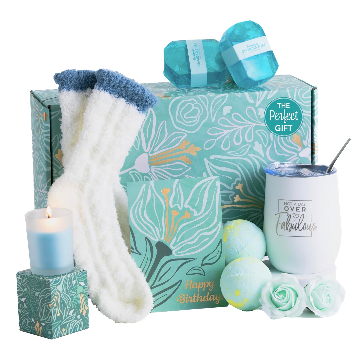 Birthday Gifts, Blue Self Care Spa Gift Basket For Women, Home Spa Gift Box Set, Includes Tumbler, Candles, Bath Bombs, Soaps, Socks, Happy Birthday Card, Appreciation Pampering Care Package For Women