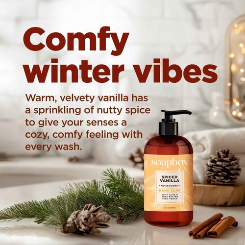 Soapbox Winter Hand Soaps, Spiced Vanilla & Frosted Pomegranate Liquid Hand Soap, Moisturizing Soap, Shea Butter & Aloe, Pack of 4, 12oz