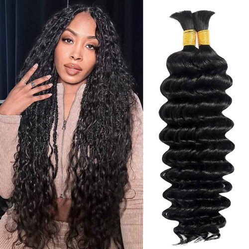 Human Braiding Hair for Boho Braids 16 Inch 110g 2 Bundles/Pack Deep Wave 12A Curly Brazilian Virgin Hair Extensions No Weft Knotless Bulk 1B Black