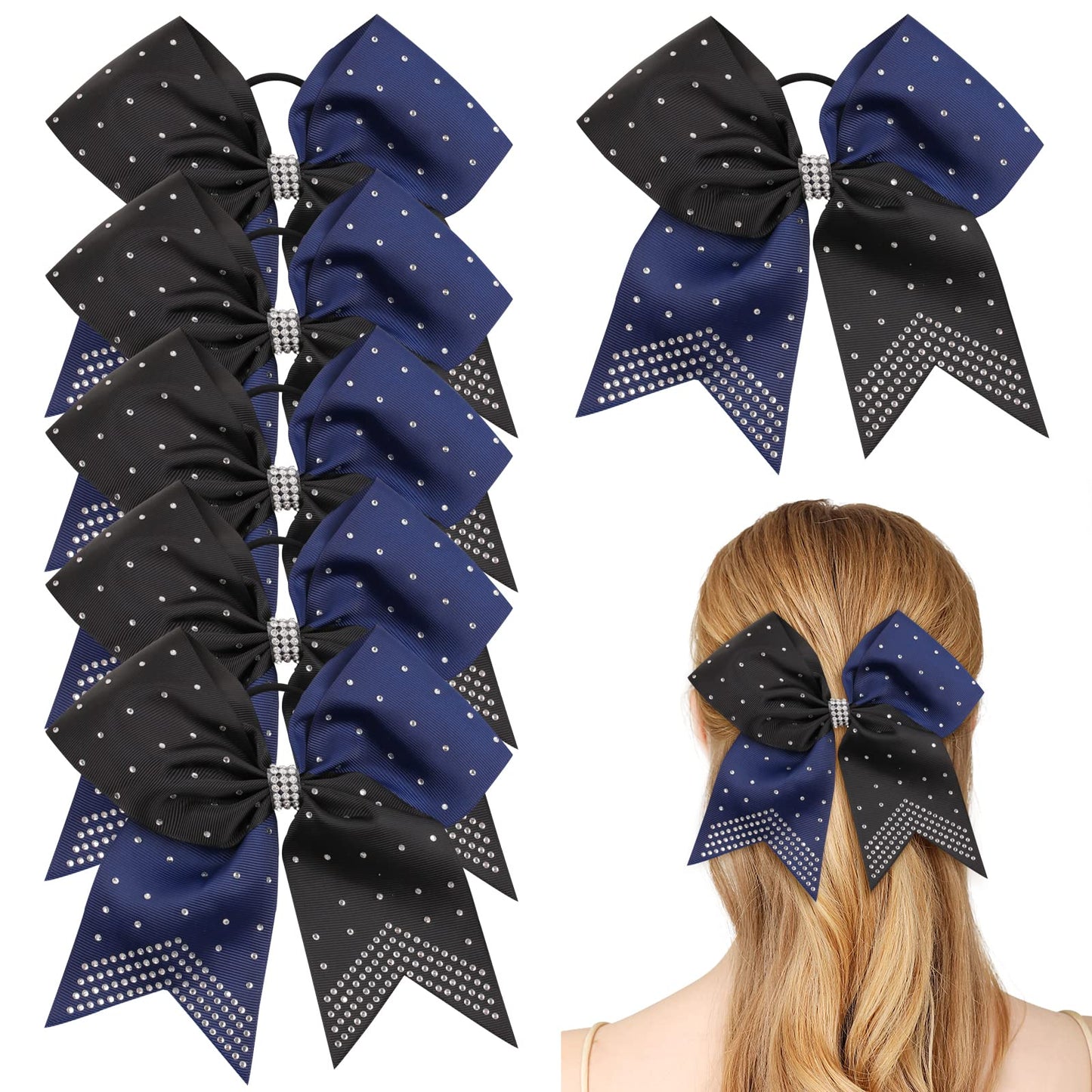 6PCS 8" Large Cheer Hair Bows Ponytail Holder, Rhinestones Cheerleader Bows with Elastic Band Hair Tie Handmade for Cheerleading Teen Girls College Sports (Black/Navy)