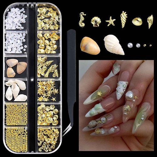 SUTOKAKA 3D Metal Studs Nail Art Charms Mixed Style Gold Shell Seahorse Starfish Pearl Metallic Nail Rivets Beads with Tweezer for Summer Ocean Beach Seaside DIY Manicure Decorations
