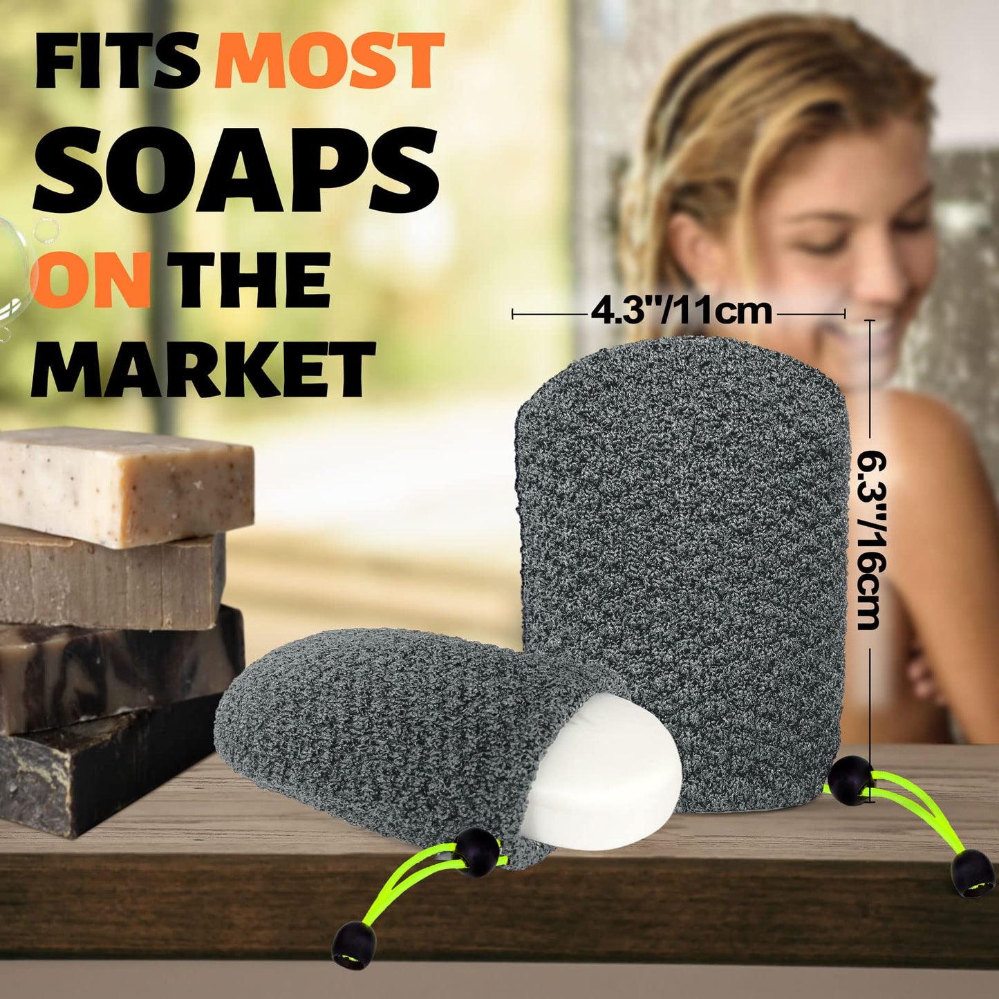 MIG4U Exfoliating Soap Bag for Shower 2 Pieces - Bar Soap Saver Pouch, Bamboo Body Scrubber Exfoliator Pocket in Travel Bathing, Grey