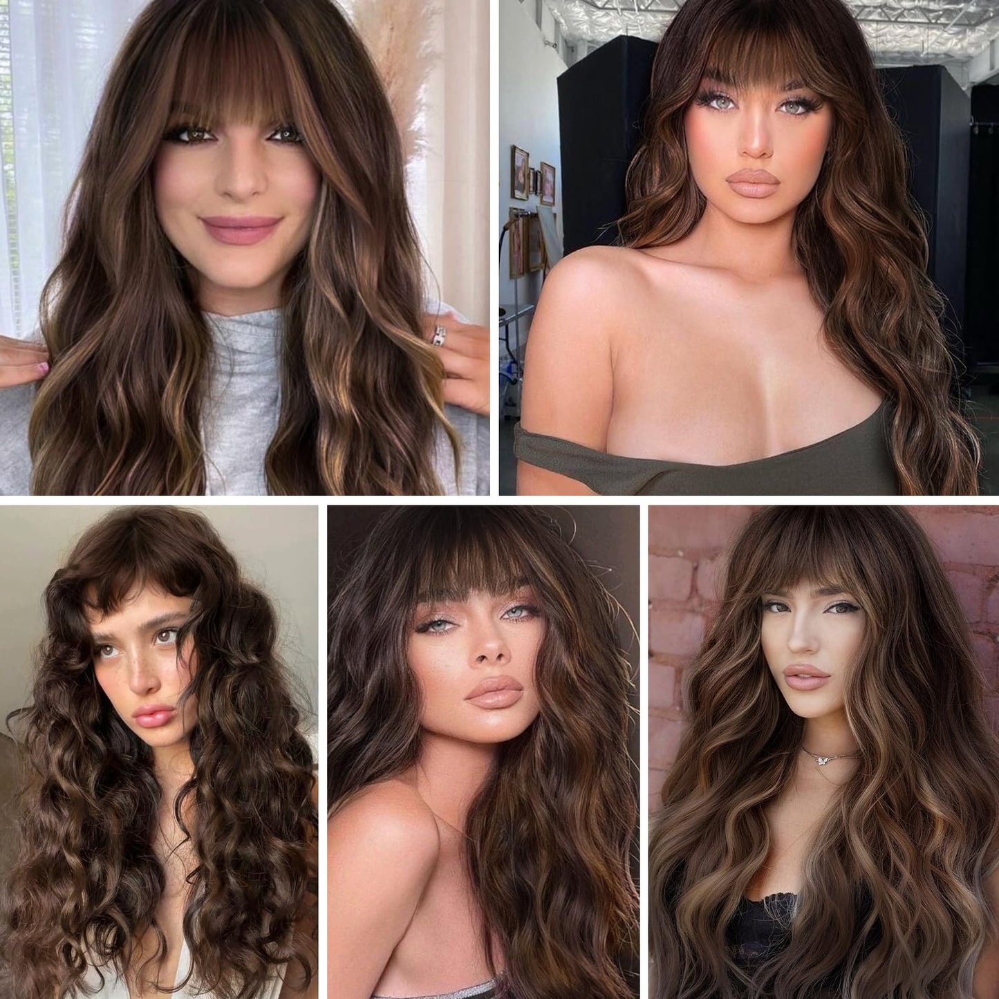 HAIRCUBE Brown with Blonde Highlight Wig Long Curly Wig with BangsNatural Appearance Heat-Resistant Synthetic Wig Suitable for Fashionable Women