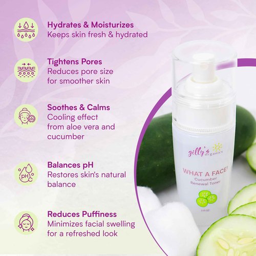 Made in USA Cucumber & Witch Hazel Toner Spray for Face – Gilly’s Organics Natural Astringent with Aloe & Tea Tree – Pore Minimizer, Acne Mist, Hydrating Primer & Moisturizer, 3 fl oz