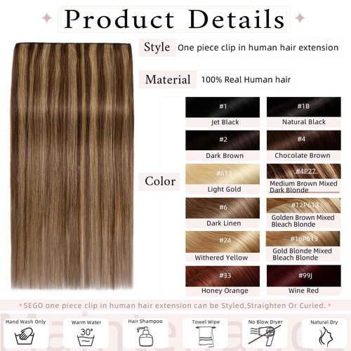 SEGO One Piece Clip in Extensions, 5 Clips Real Human Hair Extensions, Long Straight, 10 inches, #4P27 Medium Brown Mix Dark Blonde